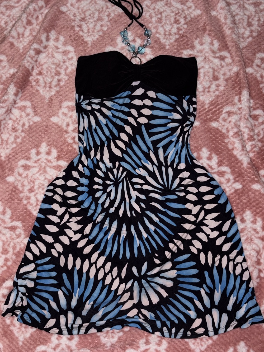 Strapless Blue & White Patterned Women's Y2K Dress